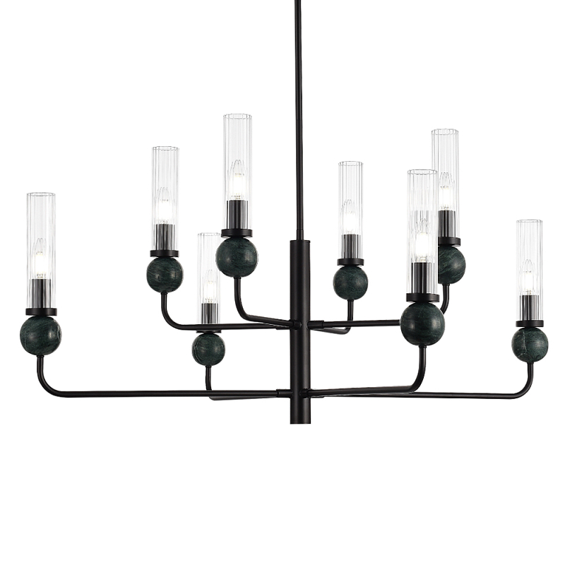 Люстра с 8-ю плафонами в форме стеклянных трубок и мраморных декоративных элементов Montreal Белый Черный Прозрачный Латунь в Самаре | Loft Concept 