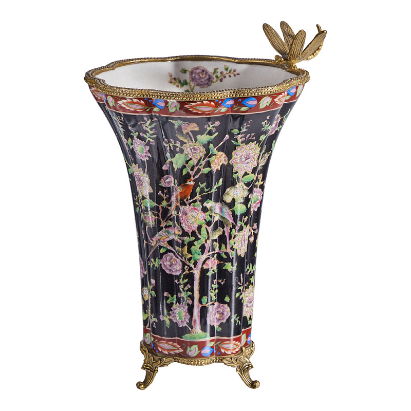 Ваза из фарфора черная с цветочной росписью и бронзовой стрекозой Spring Garden Бронза Мульти Черный в Самаре | Loft Concept 