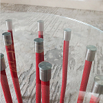 Дизайнерский журнальный стол с круглой прозрачной столешницей и основанием в виде красных металлических тросов Wires варинант исполнения - 5 | Loft Concept в Самаре