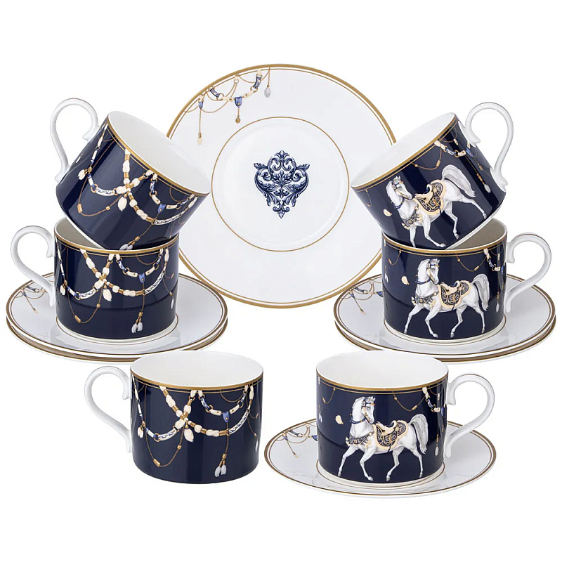 Чайный набор из фарфора с изображением лошадей на 6 персон 12 предметов Porcelain Horse Set Белый Синий в Самаре | Loft Concept 