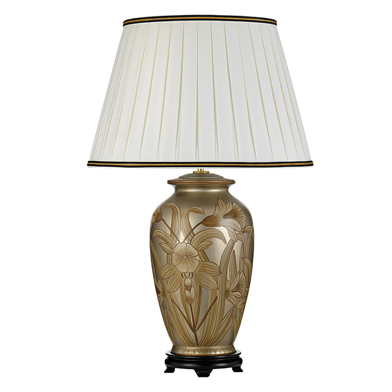 Настольная лампа восточная с основанием из керамики серебряная с цветочным и лиственным декором и белым плиссированным абажуром Elstead Lighting Серебряный Бежевый Черный Золотой в Самаре | Loft Concept 