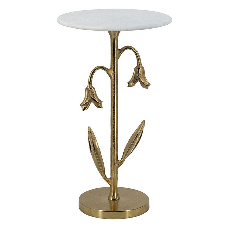 Столик с золотистым основанием в виде цветка и круглой мраморной столешницей Golden Snowdrop Золотой Белый в Самаре | Loft Concept 