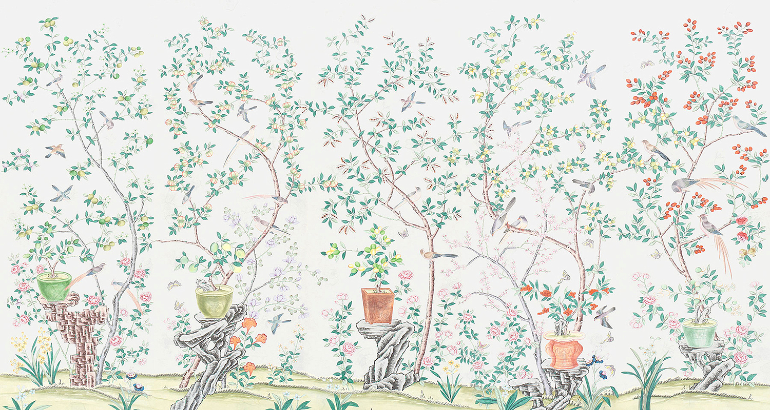 Обои ручная роспись Jardinieres & Citrus Trees Natural Mica Обои ручная роспись Jardinieres & Citrus Trees Natural Mica - Loft-Concept в Самаре