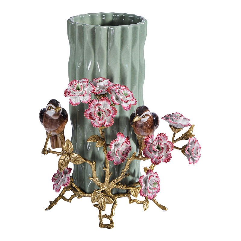Ваза с птицами и цветами из фарфора с бронзовыми элементами Garden of Eden Бронза Мульти Зеленый в Самаре | Loft Concept 