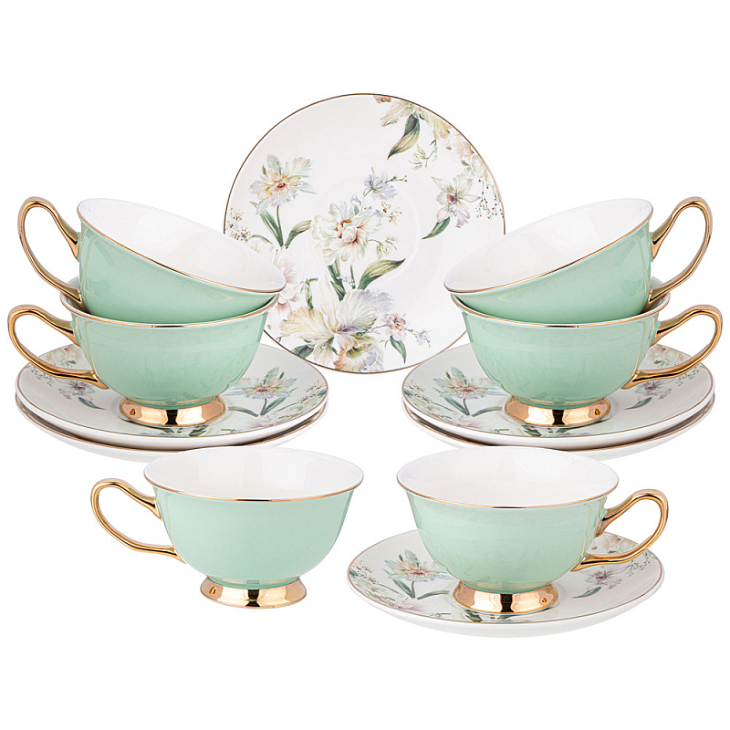 Чайный набор из фарфора на 6 персон Tea Porcelain Set Белый Золотой Зеленый в Самаре | Loft Concept 