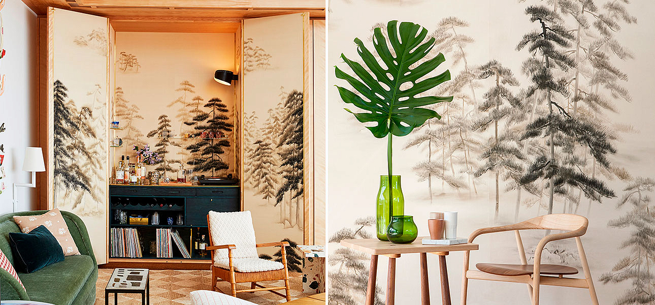Обои ручная роспись Abstract Pines Dark Lacquer on Natural Mica metallic silk Обои ручная роспись Abstract Pines Dark Lacquer on Natural Mica metallic silk - Loft-Concept в Самаре