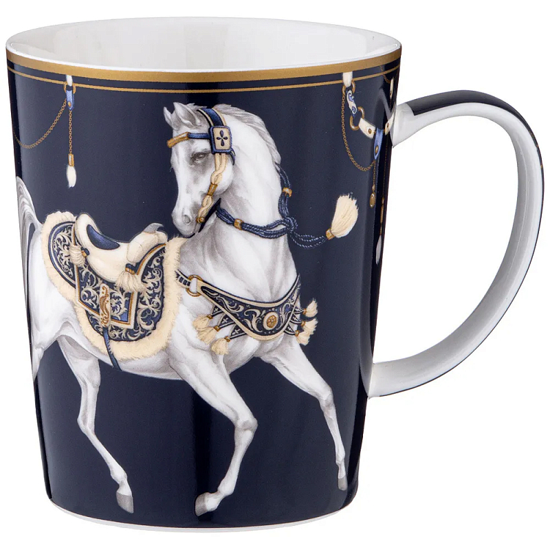 Кружка из фарфора синяя с изображением лошади 400 мл Porcelain Horse Set Белый Синий Золотой в Самаре | Loft Concept 