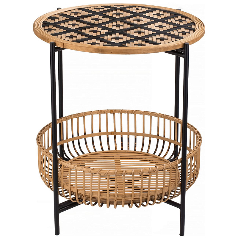 Круглый кофейный стол с плетеной столешницей и полкой Norberta Wicker Coffee Table Коричневый Черный в Самаре | Loft Concept 