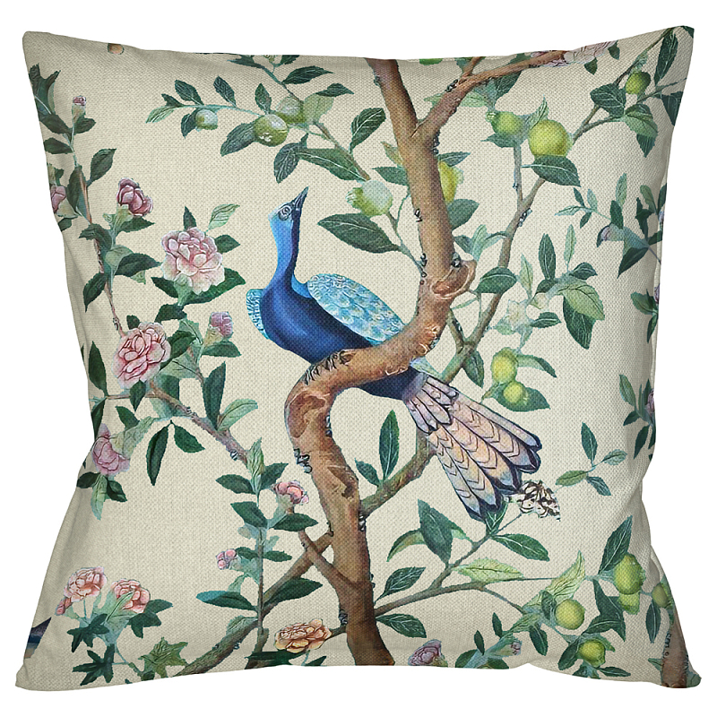Подушка декоративная с изображением птицы в саду Beige Chinoiserie Blue Bird in the Garden Cushion Мульти Бежевый Подушка декоративная с изображением птицы в саду Beige Chinoiserie Blue Bird in the Garden Cushion Мульти Бежевый в Самаре | Loft Concept