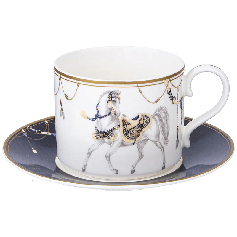 Чайная пара из фарфора с изображением лошади 300 мл Porcelain Horse Set 2 Белый Синий Золотой в Самаре | Loft Concept 