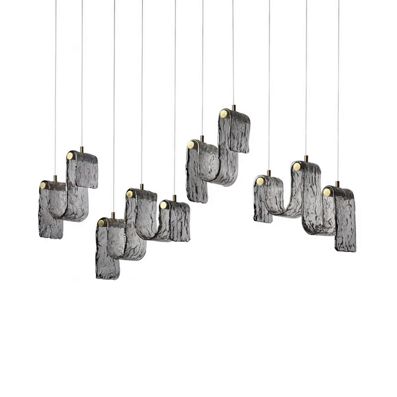 Подвесной светильник линейный с плафонами волнистой формы из фактурного стекла Big Wave Дымчатый (Smoke) Янтарный в Самаре | Loft Concept 