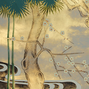 Обои ручная роспись Bamboo River Blossom Original colourway on Deep Rich Gold gilded paper with pearlescent antiquing