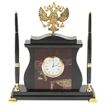 Часы настольные с Гербом России и 2-мя шариковыми ручками в комплекте Stone Clock варинант исполнения - 5 | Loft Concept в Самаре