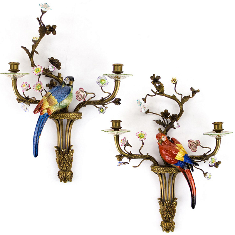 Подсвечник Candlestick Colored Parrots II Бронза Синий Красный в Самаре | Loft Concept 