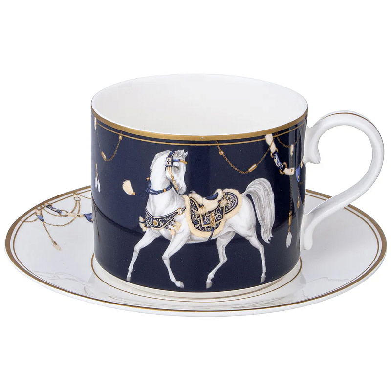 Чайная пара из фарфора с изображением лошади 300 мл Porcelain Horse Set  Белый Синий Золотой в Самаре | Loft Concept 