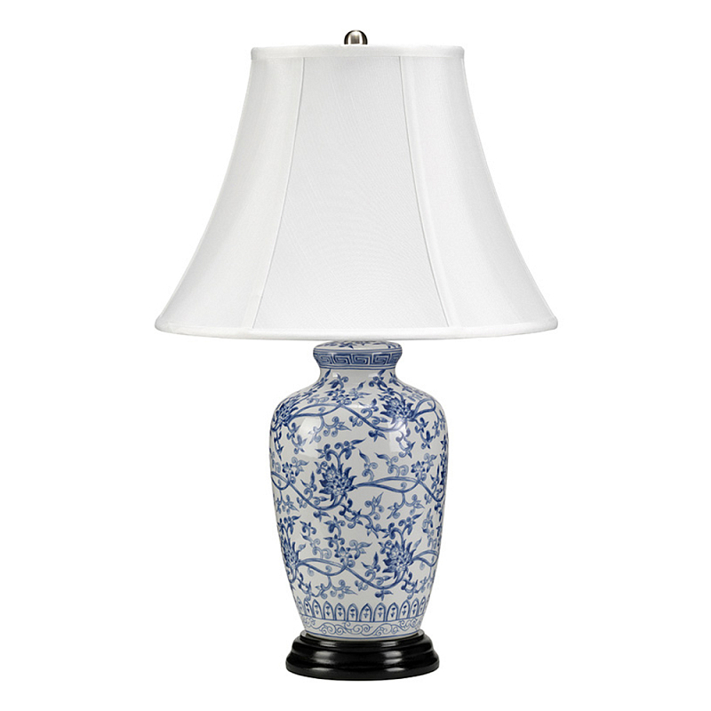 Настольная лампа с фарфоровым основанием с декоративным орнаментом и белым абажуром на темной круглой подставке Elstead Lighting Белый Синий Никель Черный Золотой Серебряный в Самаре | Loft Concept 