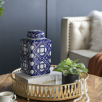 Ваза прямоугольной формы с крышкой и геометрическим узором в сине-белых цветах Blue & White Ornament  варинант исполнения - 7 | Loft Concept в Самаре