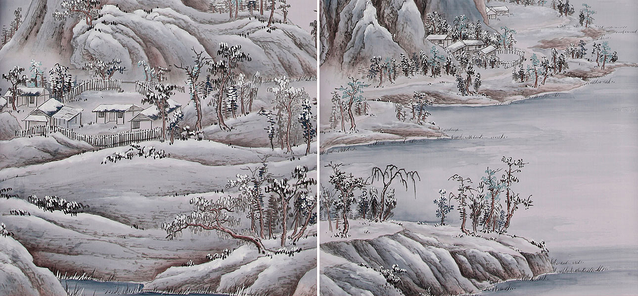 Обои ручная роспись A Thousand Li of Rivers and Mountains Special Colourway on Lilac Hint dyed silk Обои ручная роспись A Thousand Li of Rivers and Mountains Special Colourway on Lilac Hint dyed silk - Loft-Concept в Самаре