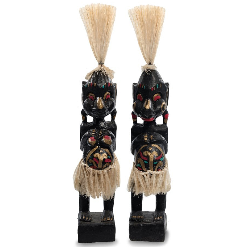 Комплект из 2-х деревянных статуэток Asmat Straw Headdress Statuettes Multicolor Мульти Черный Синий Красный в Самаре | Loft Concept 