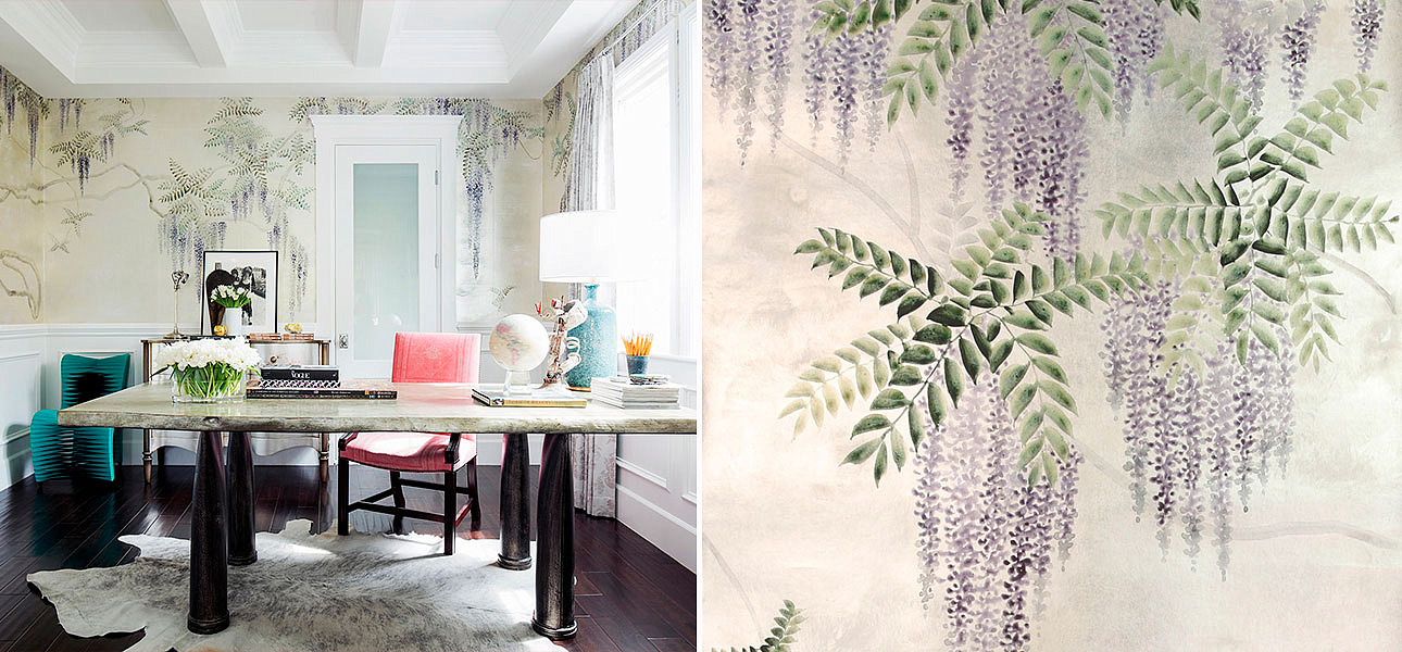 Обои в японском стиле Wisteria Lavender on White Metal gilded paper with pearlescent antiquing Обои в японском стиле Wisteria Lavender on White Metal gilded paper with pearlescent antiquing - Loft-Concept в Самаре