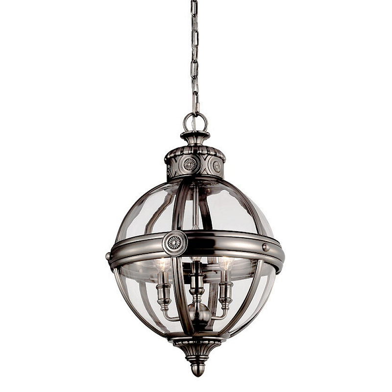 Подвесной светильник с прозрачным стеклянным плафоном в форме шара цвета никеля в индустриальном стиле на цепи 3 лампы Feiss Никель Прозрачное Стекло в Самаре | Loft Concept 