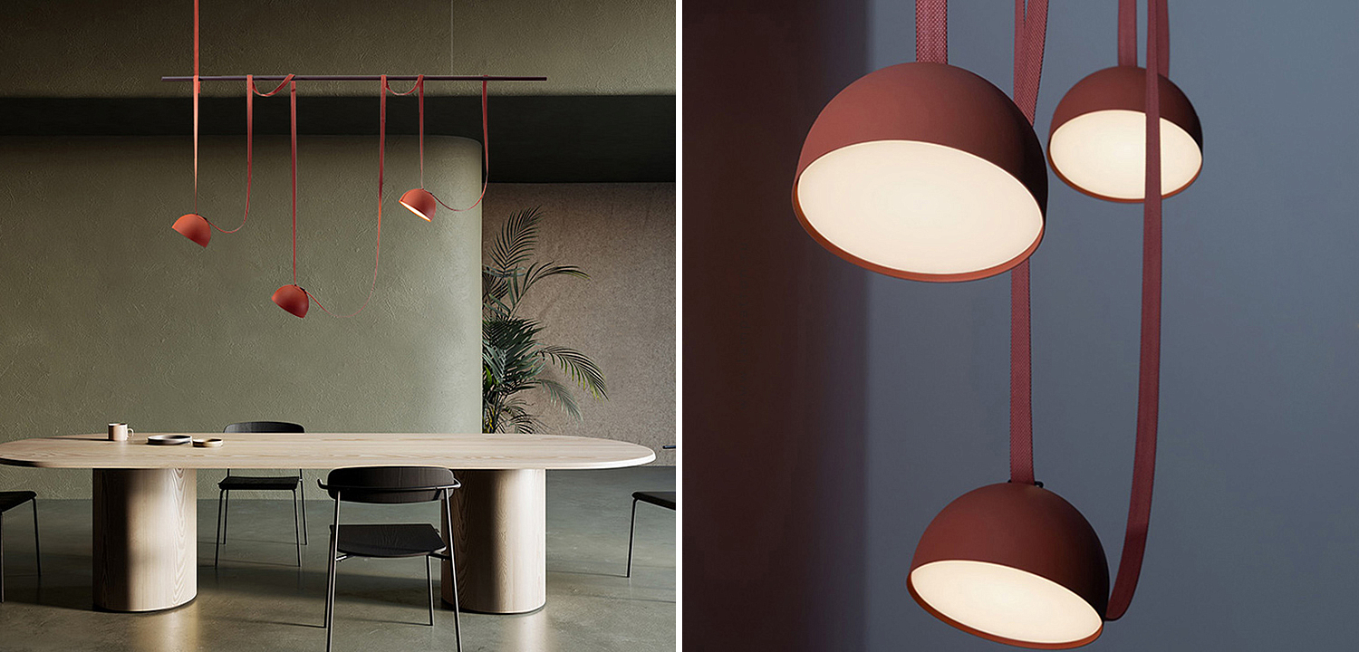 Vibia PLUSMINUS комбинация подвесных светодиодных светильников c красными абажурами на черной рейке с текстильными ремнями Vibia PLUSMINUS комбинация подвесных светодиодных светильников c красными абажурами на черной рейке с текстильными ремнями - Loft-Concept в Самаре