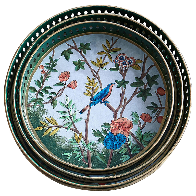 Комплект из 3-х подносов из металла в стиле Шинуазри Chinoiserie Flower Мульти Комплект из 3-х подносов из металла в стиле Шинуазри Chinoiserie Flower Мульти в Самаре | Loft Concept