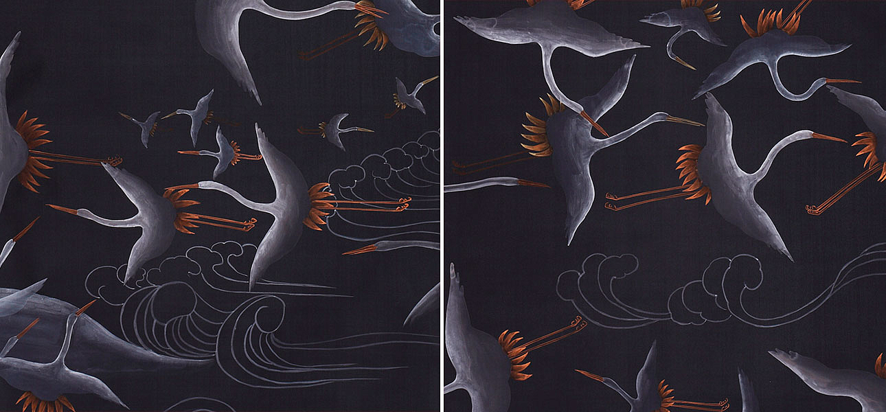Обои ручная роспись Cranes Scroll Limewash on Pitch dyed silk Обои ручная роспись Cranes Scroll Limewash on Pitch dyed silk - Loft-Concept в Самаре