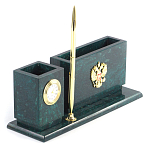 Настольный письменный набор с гербом России и часами из природного камня змеевик Successful Leader варинант исполнения - 2 | Loft Concept в Самаре