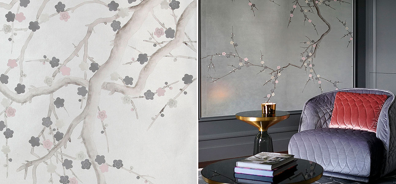 Обои ручная роспись Plum Blossom Colourway SC-233 on Sterling Silver gilded silk Обои ручная роспись Plum Blossom Colourway SC-233 on Sterling Silver gilded silk - Loft-Concept в Самаре