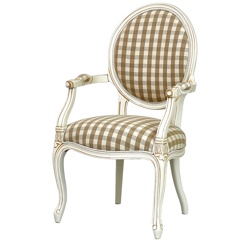 Стул с подлокотниками и круглой спинкой Checkered Upholstery Chair обивка в клетку ivory ( слоновая кость ) Коричневый Бежевый Стул с подлокотниками и круглой спинкой Checkered Upholstery Chair обивка в клетку ivory ( слоновая кость ) Коричневый Бежевый в Самаре | Loft Concept