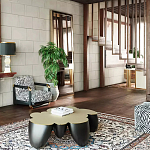 Дизайнерский журнальный стол округлой формы чёрный с золотой столешницей Fufem варинант исполнения - 3 | Loft Concept в Самаре