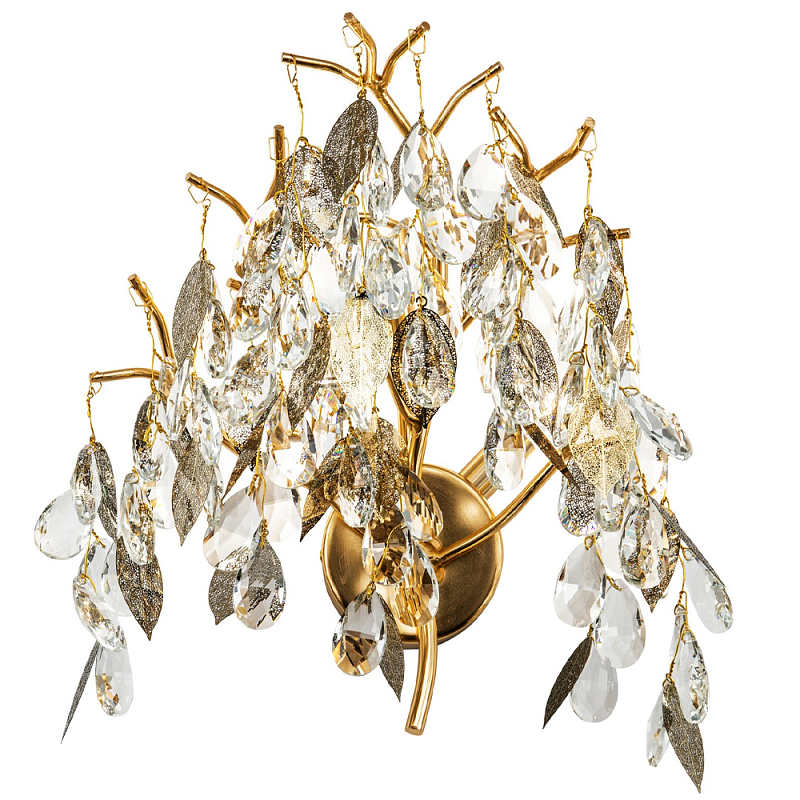 Бра с хрустальными подвесками и металлическими в виде листьев Fairytree Light Sconce Прозрачное Стекло Золотой Бра с хрустальными подвесками и металлическими в виде листьев Fairytree Light Sconce Прозрачное Стекло Золотой в Самаре | Loft Concept