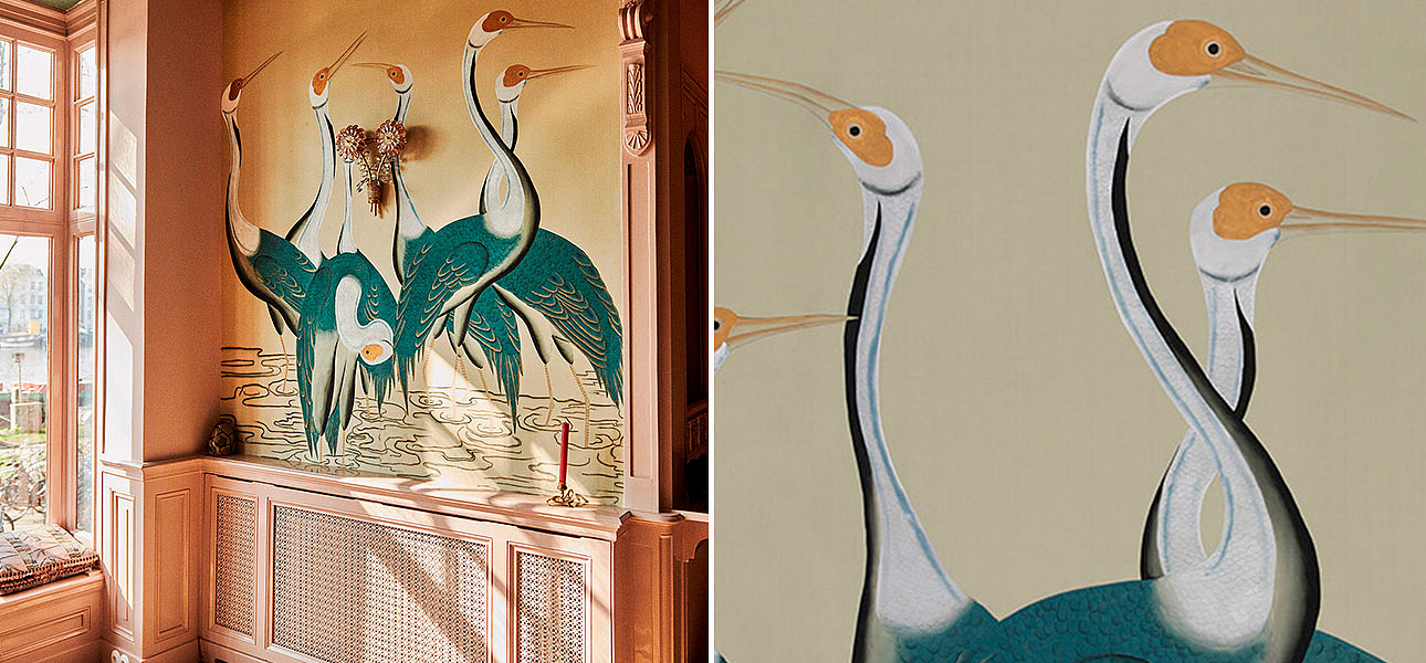 Обои ручная роспись Sarus Cranes Colourway SC-208 on Icefield dyed silk Обои ручная роспись Sarus Cranes Colourway SC-208 on Icefield dyed silk - Loft-Concept в Самаре
