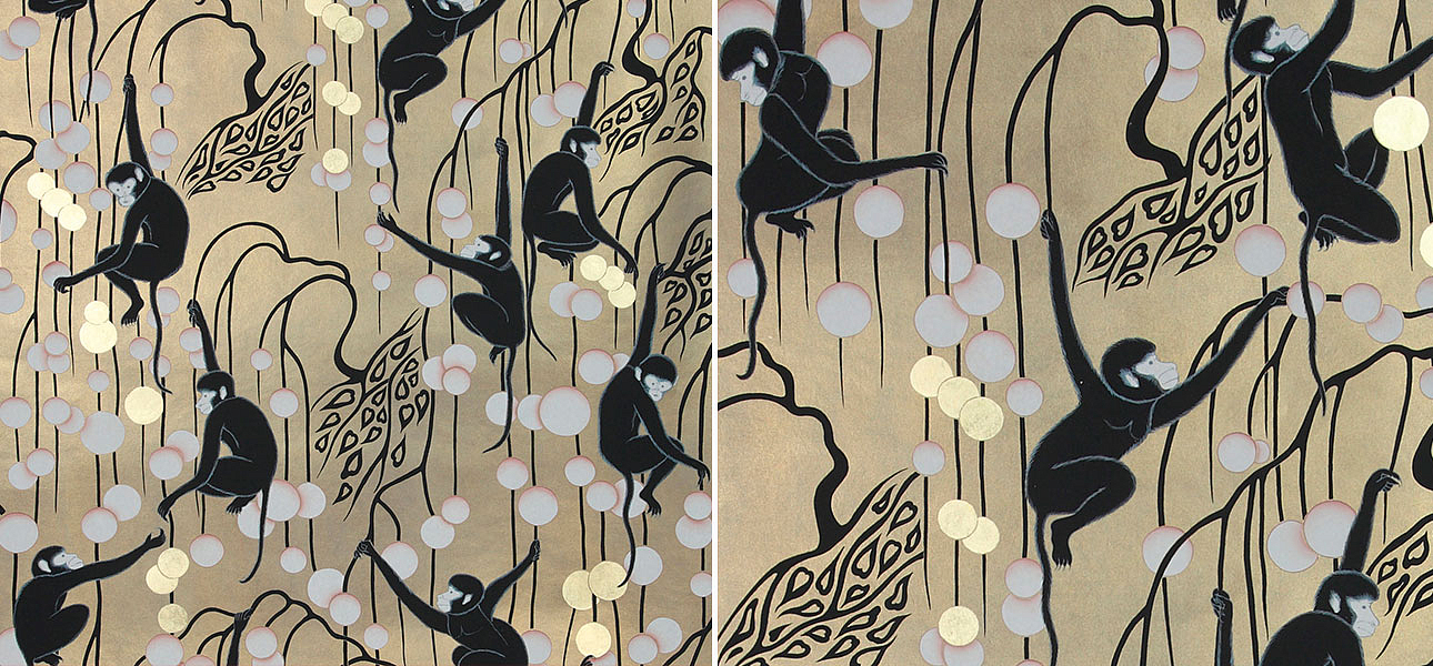 Обои ручная роспись Deco Monkeys Special Colourway on Brushed Gold gilded paper Обои ручная роспись Deco Monkeys Special Colourway on Brushed Gold gilded paper - Loft-Concept в Самаре