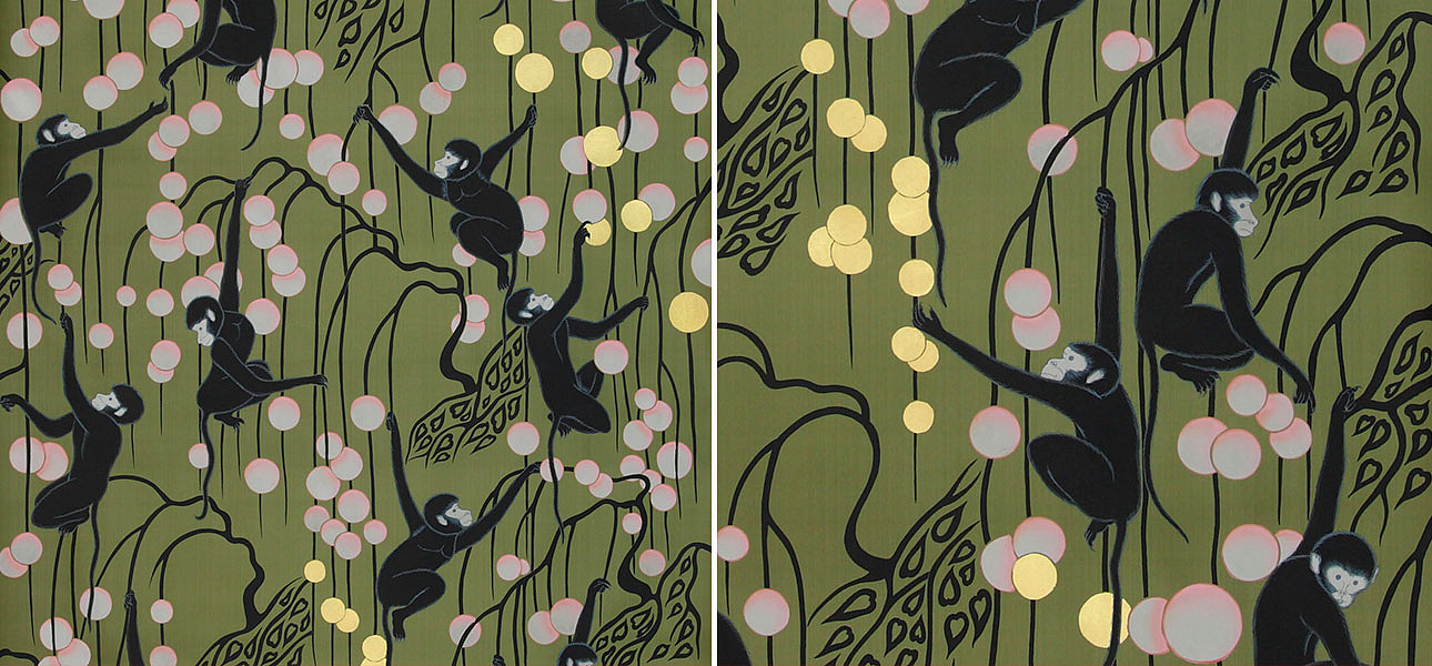Обои ручная роспись Deco Monkeys Special Colourway on Olive dyed silk Обои ручная роспись Deco Monkeys Special Colourway on Olive dyed silk - Loft-Concept в Самаре