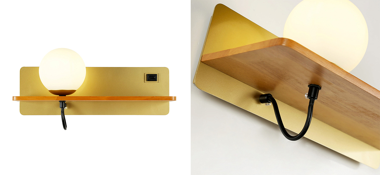 Бра с полкой Gold GAVIN WOOD USB Бра с полкой Gold GAVIN WOOD USB - Loft-Concept в Самаре