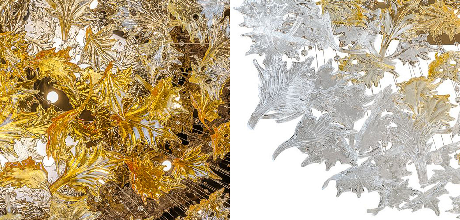 Большая круглая люстра с подвесками в виде листьев Amber Leaf Fall Light Chandelier Gold Большая круглая люстра с подвесками в виде листьев Amber Leaf Fall Light Chandelier Gold - Loft-Concept в Самаре