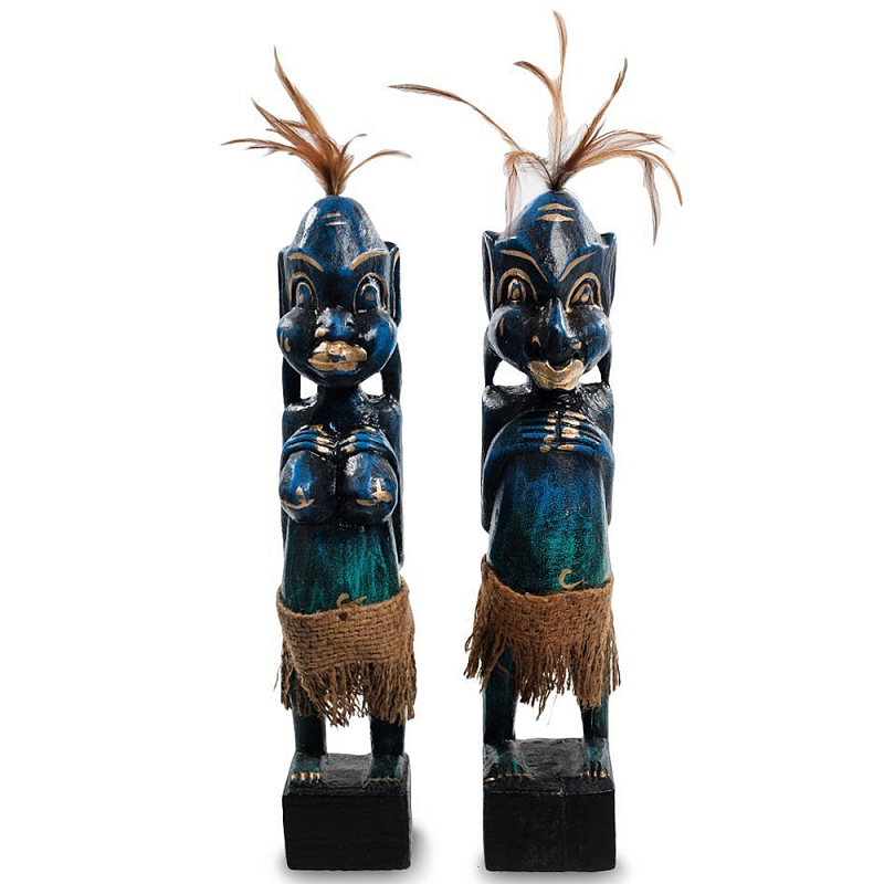 Комплект из 2-х деревянных статуэток Asmat Statuettes Dark Blue Темно-синий Бирюзовый Коричневый Черный Комплект из 2-х деревянных статуэток Asmat Statuettes Dark Blue Темно-синий Бирюзовый Коричневый Черный в Самаре | Loft Concept