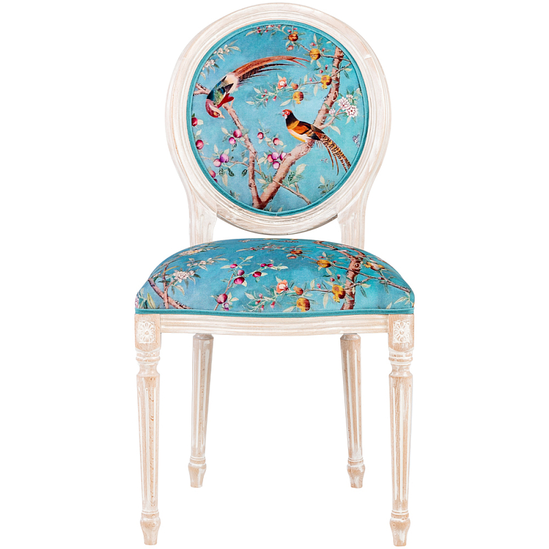 Стул из массива бука бирюзовый с изображением птиц и цветов Turquoise Beige Chinoiserie Peach Garden Chair Бирюзовый Мульти Бежевый в Самаре | Loft Concept 