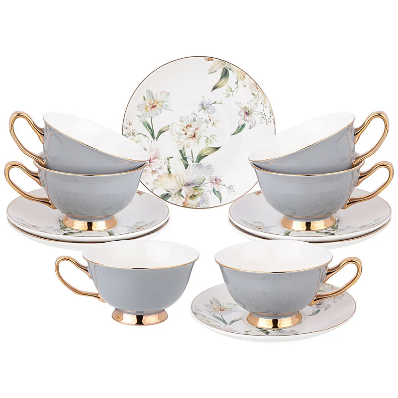 Чайный набор из фарфора на 6 персон Grey Tea Porcelain Set Белый Золотой Серый в Самаре | Loft Concept 