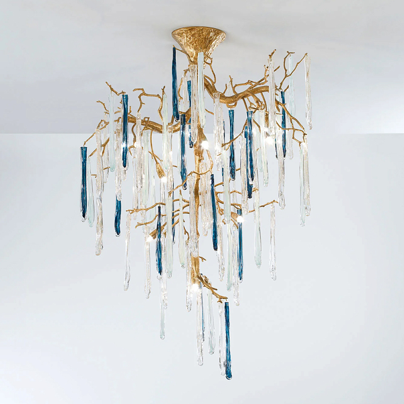 Люстра с прозрачными и голубыми подвесками в форме капель Droplet Chandelier Золотой Прозрачный Синий Люстра с прозрачными и голубыми подвесками в форме капель Droplet Chandelier Золотой Прозрачный Синий в Самаре | Loft Concept