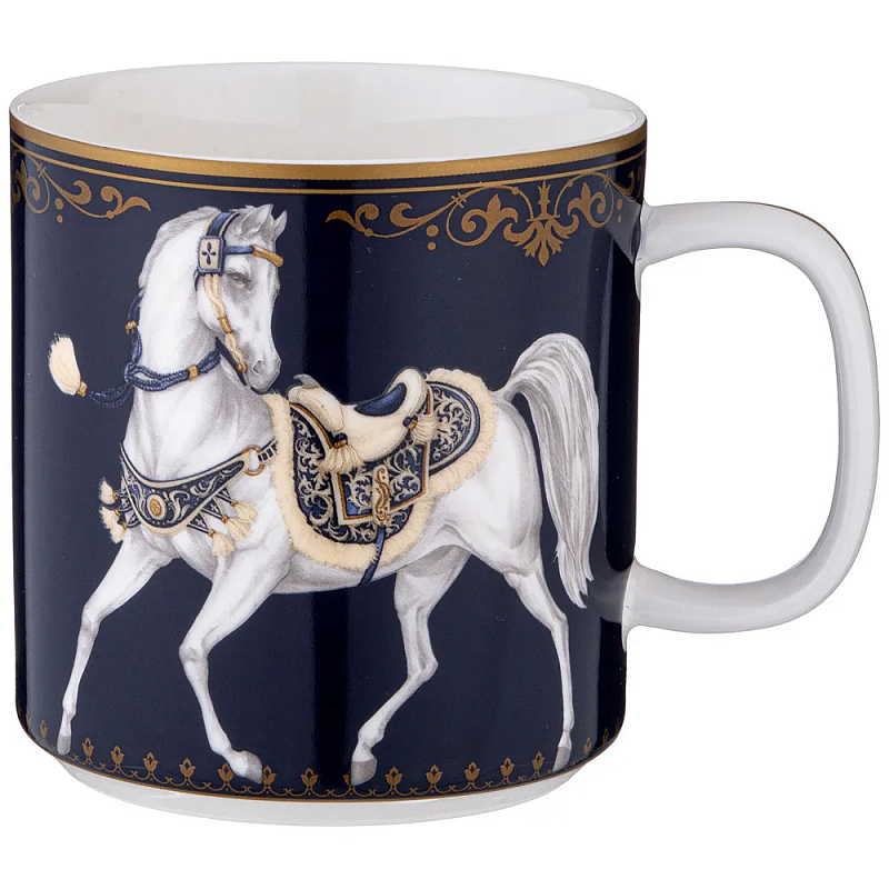 Кружка из фарфора синяя с изображением лошадей 400 мл Porcelain Horse Set Белый Синий Золотой в Самаре | Loft Concept 