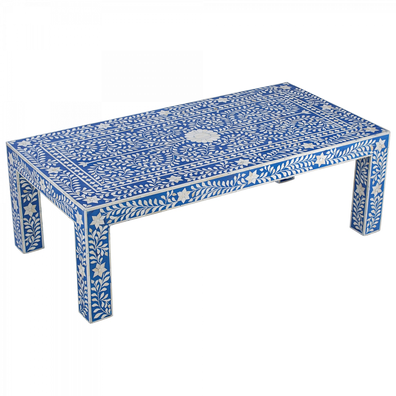 Стол синий отделка кость BONE INLAY dark blue Coffee Table Синий ivory ( слоновая кость ) в Самаре | Loft Concept 