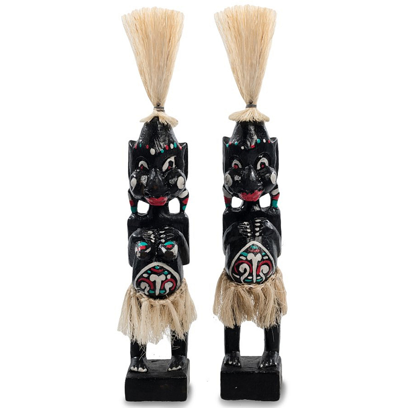 Комплект из 2-х деревянных статуэток Asmat Straw Headdress Statuettes Black Turquoise Черный Бежевый Белый Бирюзовый Мульти в Самаре | Loft Concept 