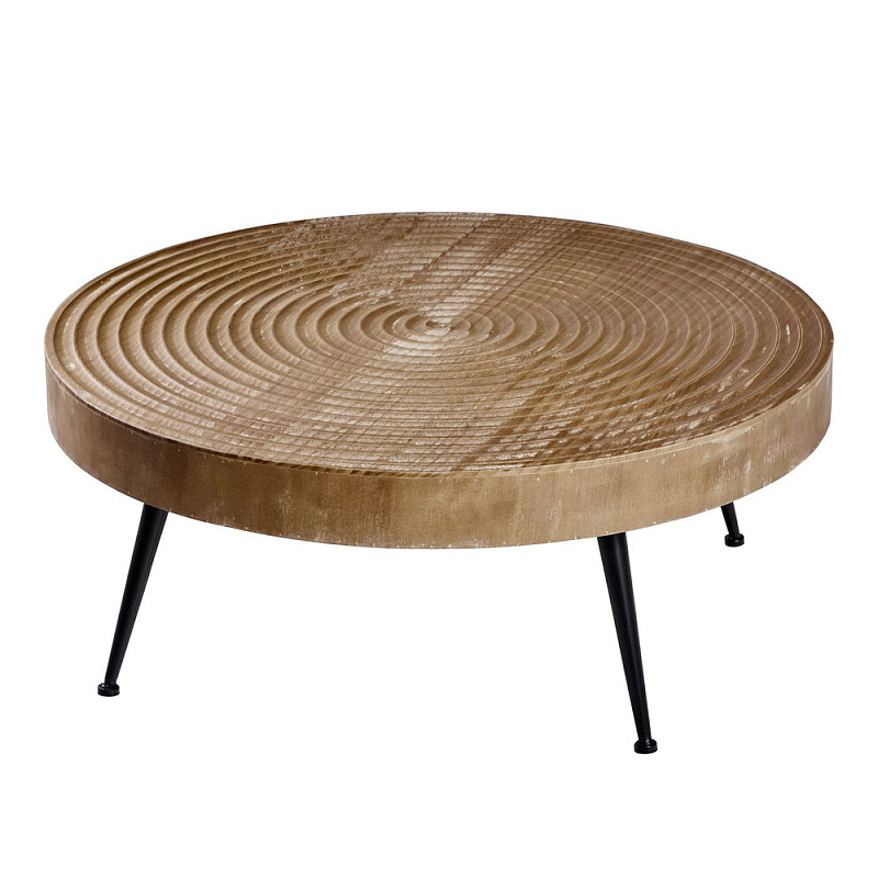 Журнальный столик с круглой фактурной столешницей из натурального дерева Vortex Коричневый Черный в Самаре | Loft Concept 