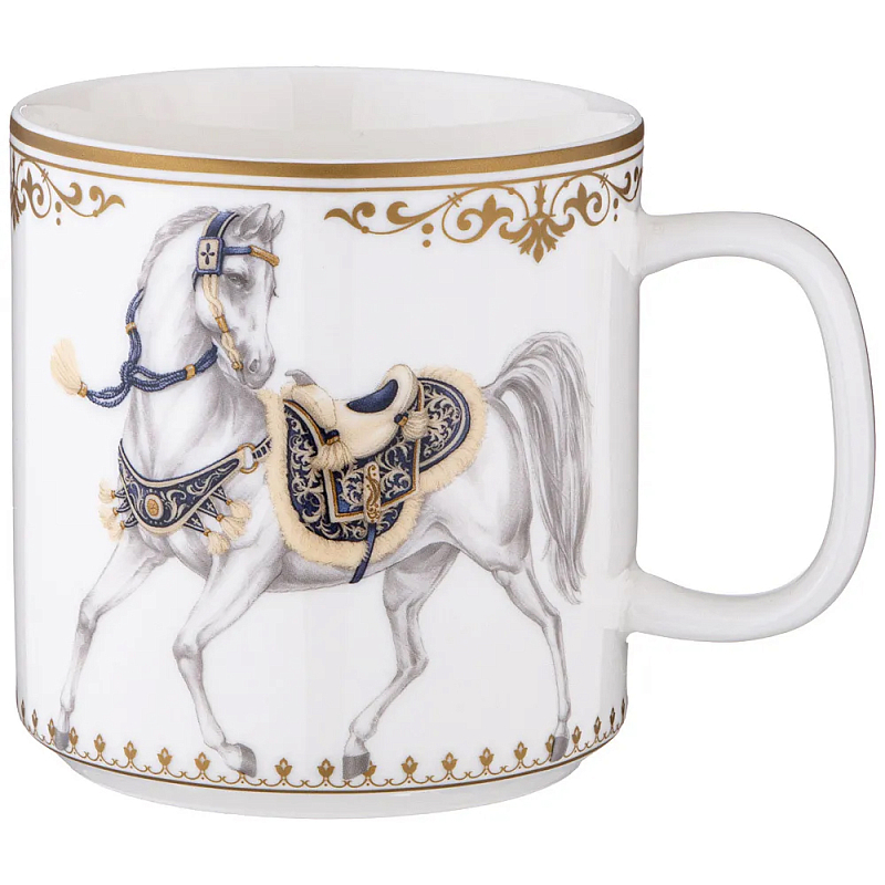 Кружка из фарфора белая с изображением лошади 400 мл Porcelain Horse Set Белый Синий Золотой в Самаре | Loft Concept 