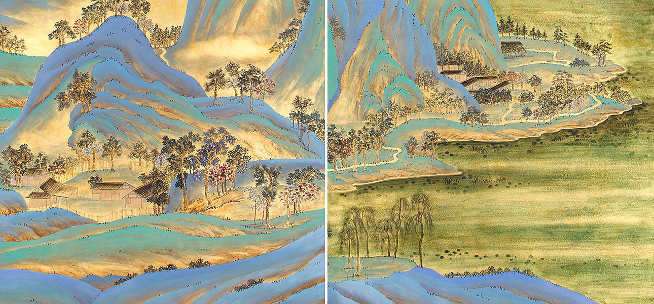 Обои ручная роспись A Thousand Li of Rivers and Mountains Original colourway on Deep Rich Gold gilded paper with gold pearlescent antiquing Обои ручная роспись A Thousand Li of Rivers and Mountains Original colourway on Deep Rich Gold gilded paper with gold pearlescent antiquing - Loft-Concept в Самаре