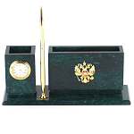 Настольный письменный набор с гербом России и часами из природного камня змеевик Successful Leader варинант исполнения - 1 | Loft Concept в Самаре