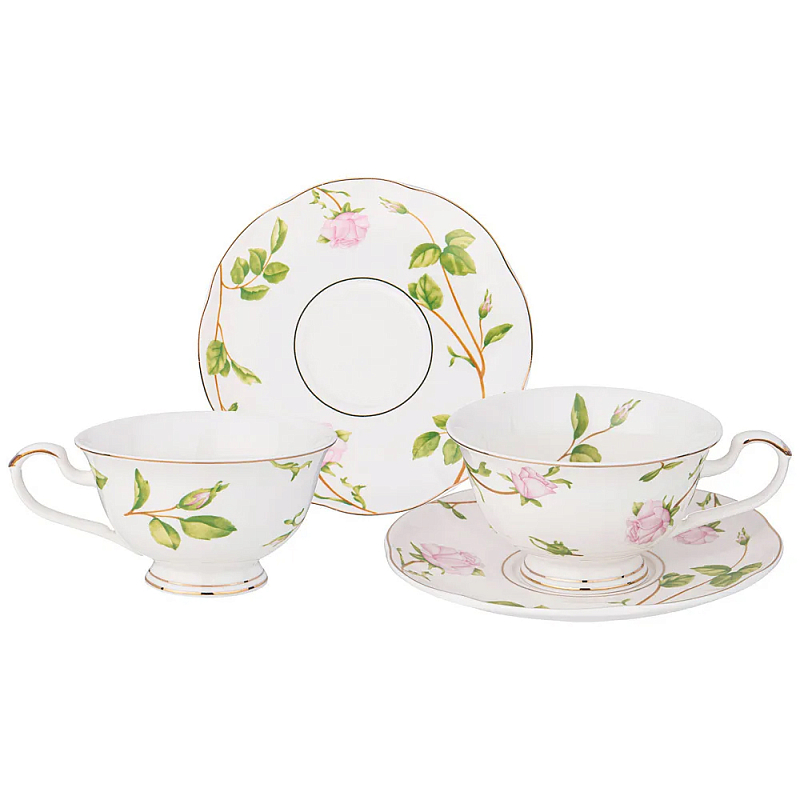 Чайный набор из фарфора белый с цветочным принтом на 2 персоны 4 предмета Flower Porcelain Collection Белый Мульти в Самаре | Loft Concept 